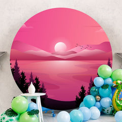 Aperturee - Forest And Pink Sunset Theme Round Birthday Backdrop