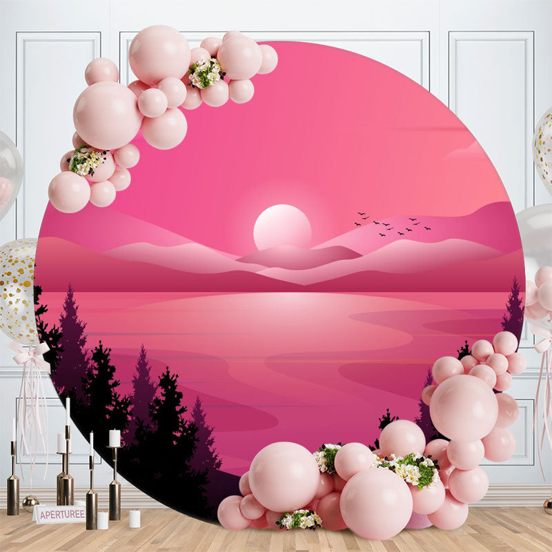 Aperturee - Forest And Pink Sunset Theme Round Birthday Backdrop
