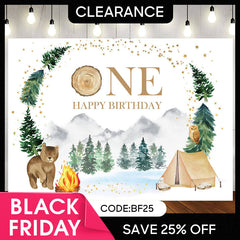 (Ship In 24HR) Forest Jungle Bear Camping Happy 1St Birthday Backdrop