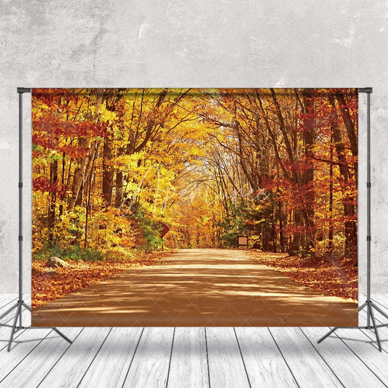 Aperturee - Forest Road Yello Leaves Fall Photography Backdrop