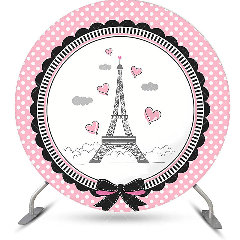 Aperturee - French Eiffel Tower Elegant Pink Dots Round Backdrop