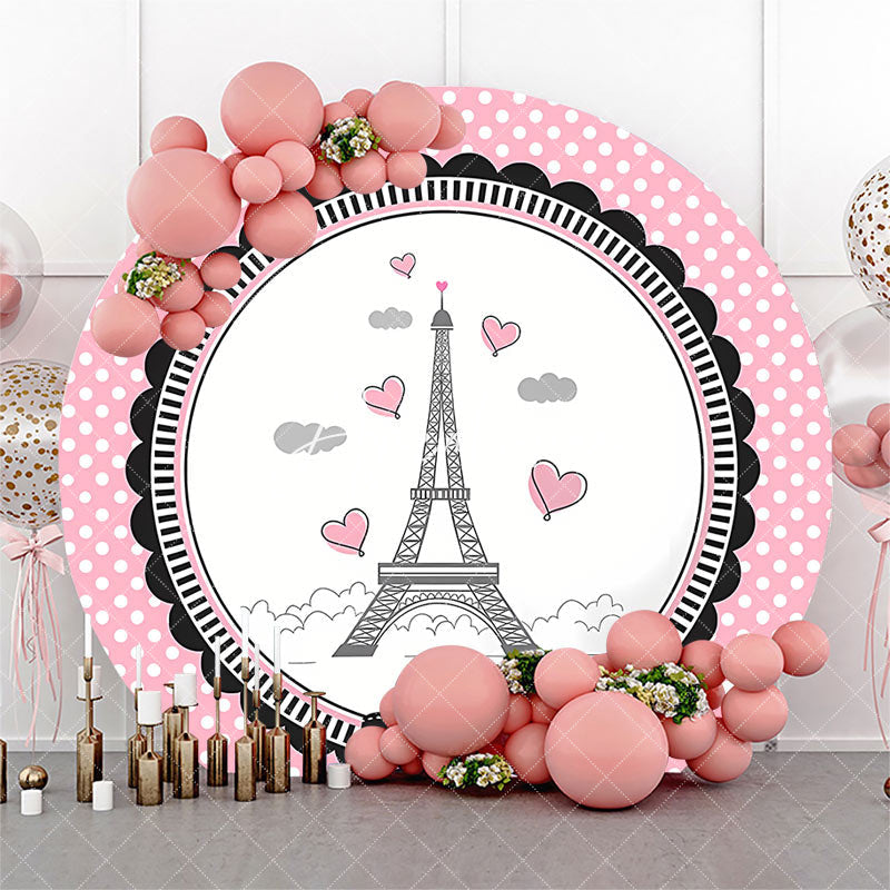 Aperturee - French Eiffel Tower Elegant Pink Dots Round Backdrop