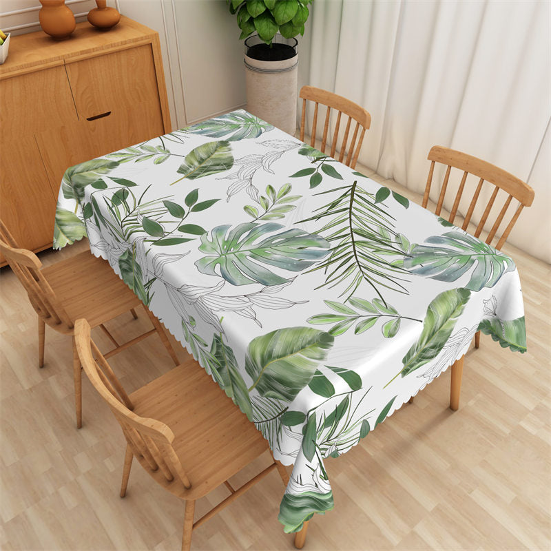 Aperturee - Fresh Green Leaves Spring White Rectangle Tablecloth