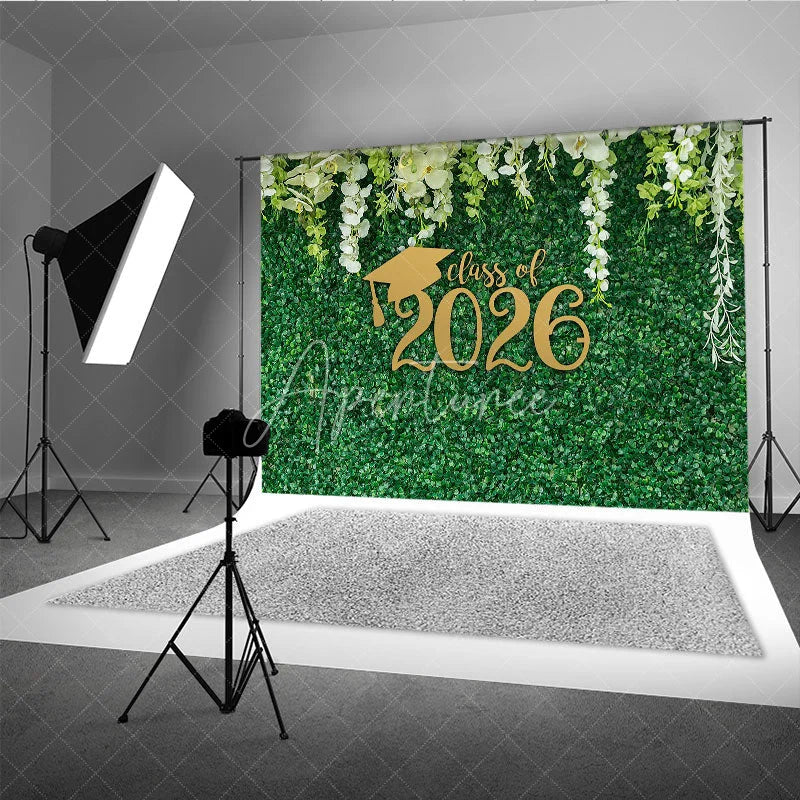 Aperturee - Fresh White Flower Green Grass Graduation Backdrop