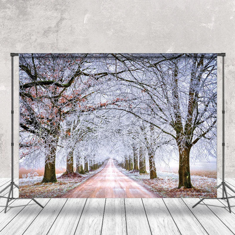 Aperturee - Frozen Tree Road Winter Scenery Photo Backdrop