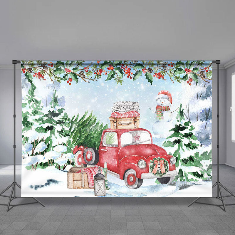 Aperturee - Gift Red Truck Snowman Tree Christmas Backdrop
