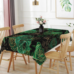 Aperturee - Gilt Green Big Flower Black Rectangle Tablecloth