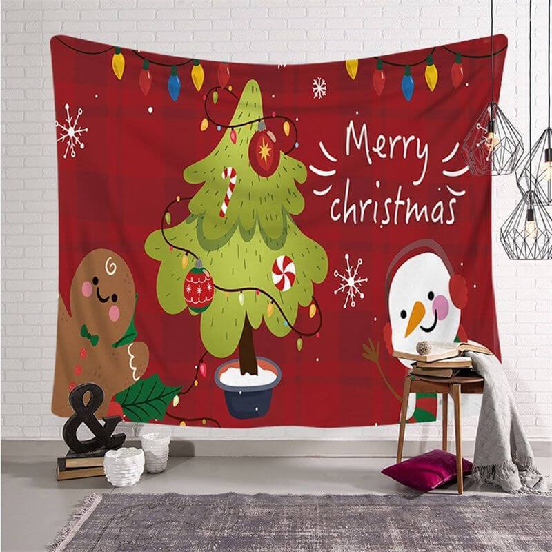 Aperturee - Gingerbread Man And Snowman Christmas Cartoon Wall Tapestry