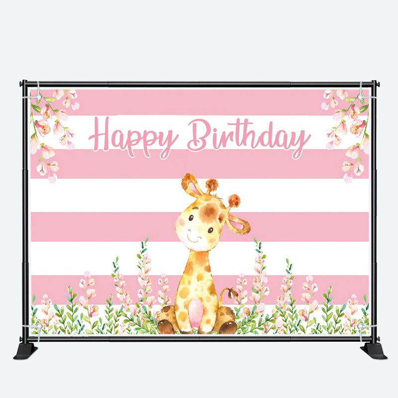Aperturee - Giraffe Floral Pink White Stripes Birthday Backdrop