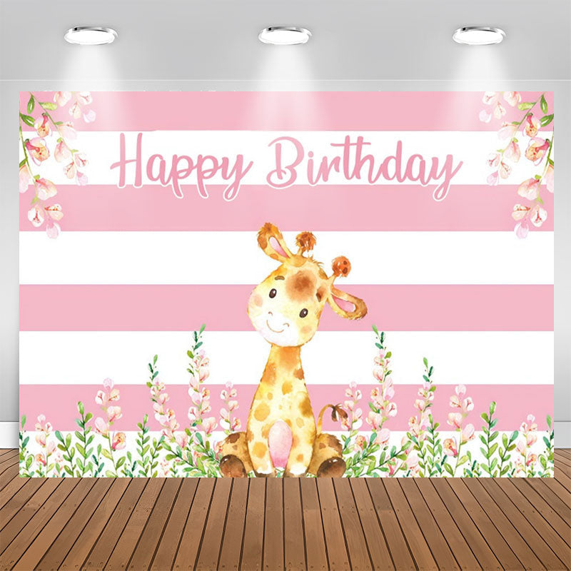 Aperturee - Giraffe Floral Pink White Stripes Birthday Backdrop