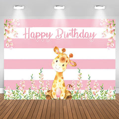 Aperturee - Giraffe Floral Pink White Stripes Birthday Backdrop
