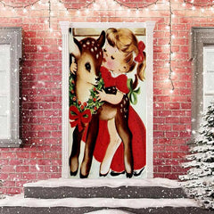 Aperturee - Girl And Sika Deer Painting Christmas Door Cover