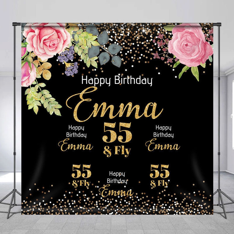 Aperturee - Glitter Floral Custom Name 55th Birthday Backdrop