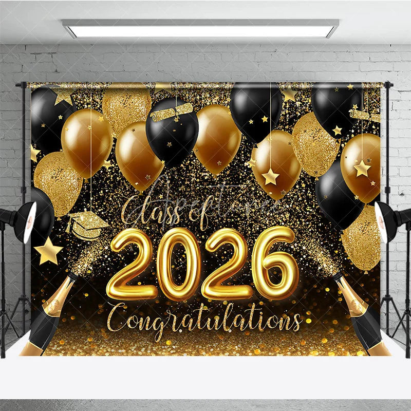 Aperturee - Glitter Gold Black Balloon Bokeh Graduation Backdrop