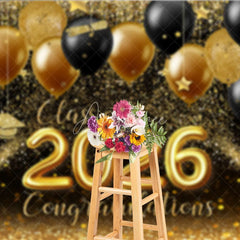 Aperturee - Glitter Gold Black Balloon Bokeh Graduation Backdrop