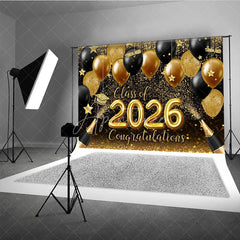 Aperturee - Glitter Gold Black Balloon Bokeh Graduation Backdrop