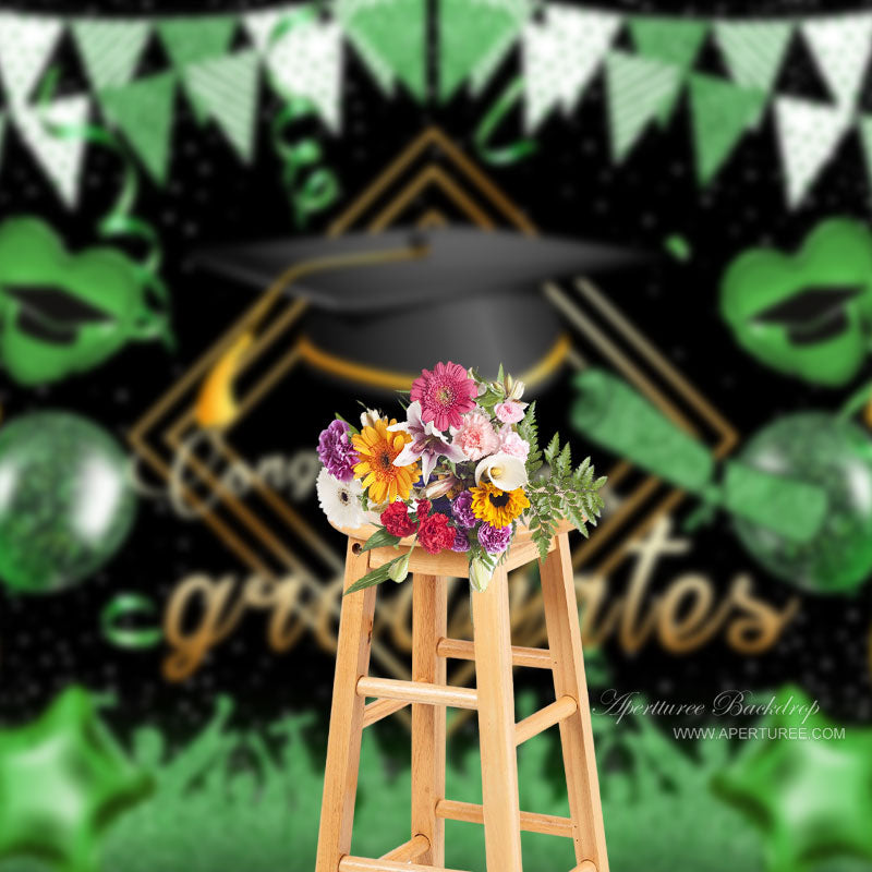 Aperturee - Glitter Green Balloons Congrats Graduation Backdrop