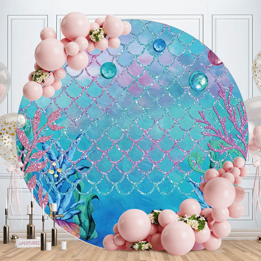 Aperturee - Glitter Pink And Blue Sea World Round Birthday Backdrop
