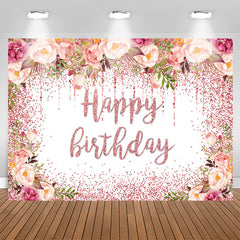 Aperturee - Glitter Pink Floral Happy Birthday Backdrop For Girl