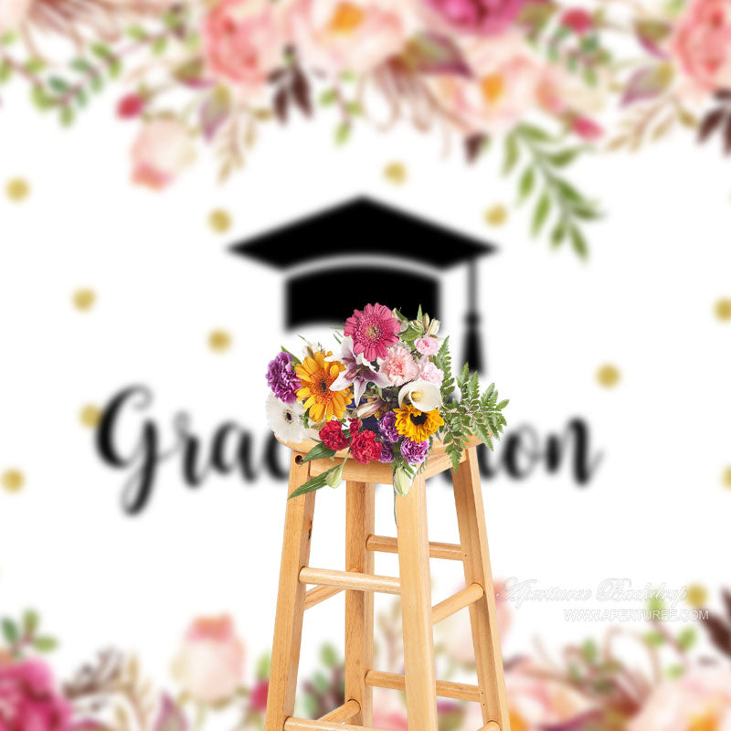 Aperturee - Glitter Pink Floral White Graduation Photo Backdrop