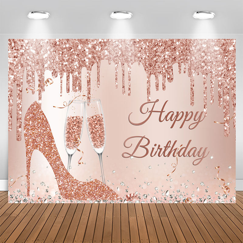 Aperturee - Glitter Rose Golden High Heels Happy Birthday Backdrop