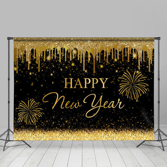 Aperturee - Glitter Sparkle Gold Black Happy New Year Backdrop