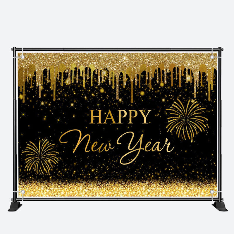 Aperturee - Glitter Sparkle Gold Black Happy New Year Backdrop