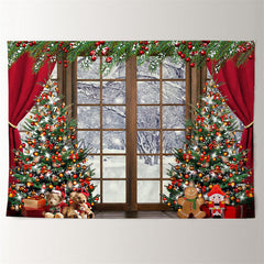 Aperturee - Glitter Tree Red Curtain Window Snow Xmas Backdrop