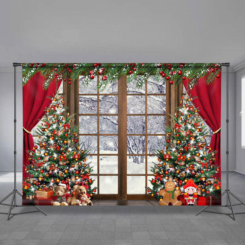 Aperturee - Glitter Tree Red Curtain Window Snow Xmas Backdrop