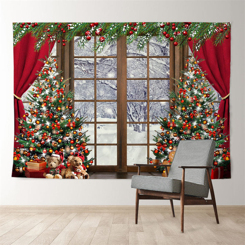 Aperturee - Glitter Tree Red Curtain Window Snow Xmas Backdrop