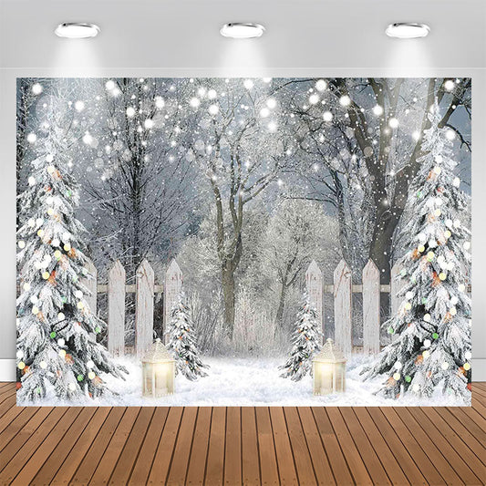Aperturee - Glitter White Fence Snowy Forest Party Backdrop