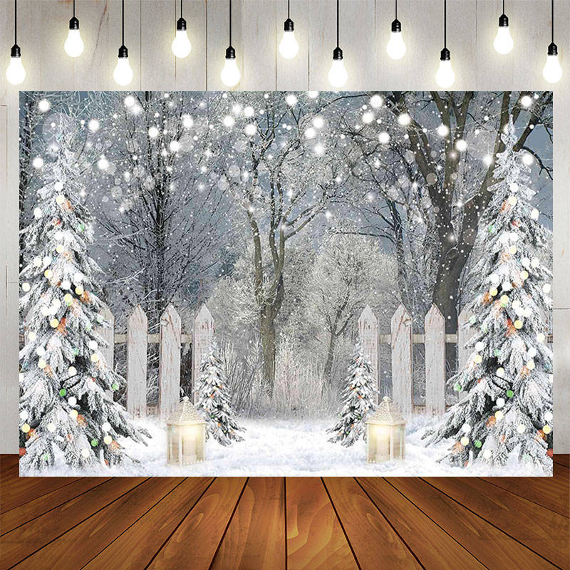 Aperturee - Glitter White Fence Snowy Forest Party Backdrop