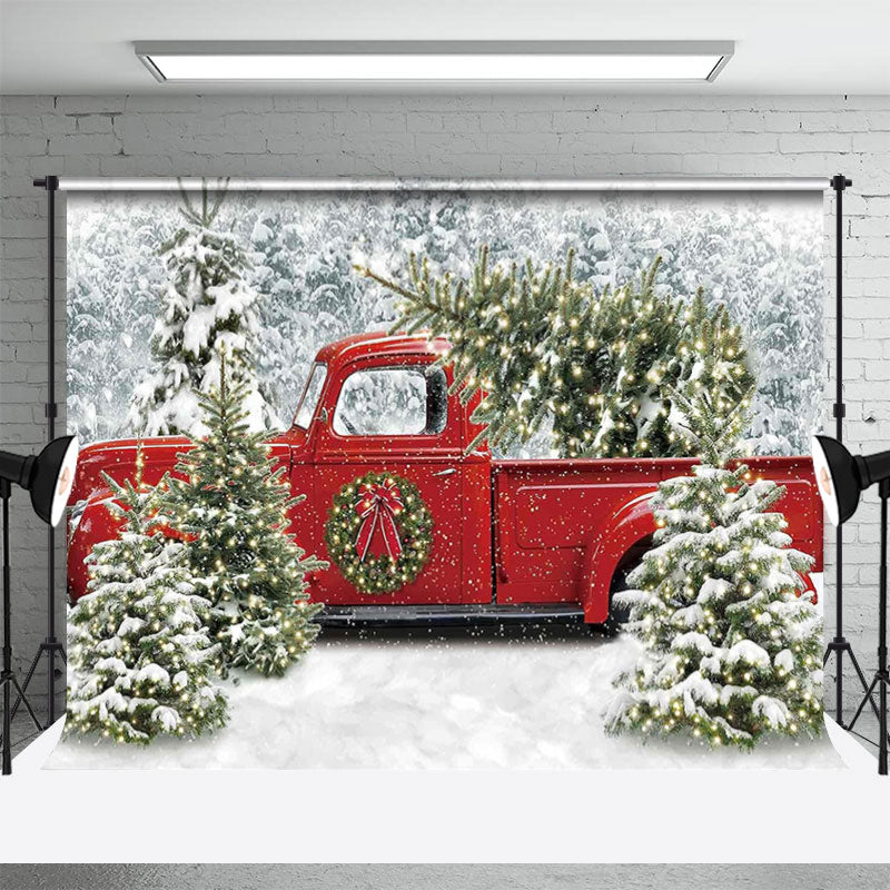 Aperturee - Glitter Xmas Tree Red Truck Snowy Winter Backdrop