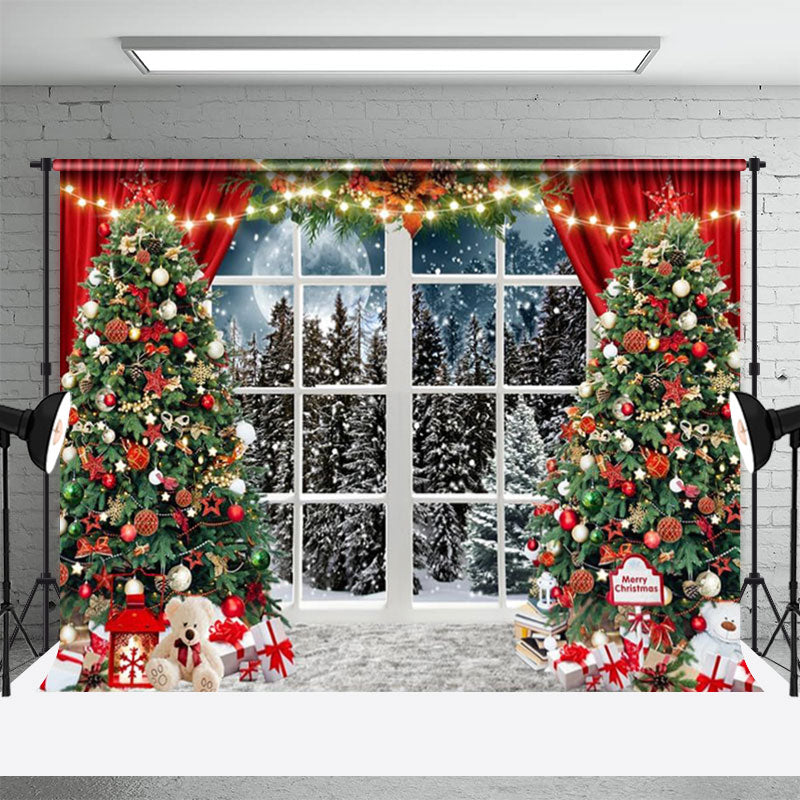 Aperturee - Glitter Xmas Tree Winter Window Christmas Backdrop