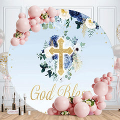 Aperturee - God Bless Floral Round Blue Baby Shower Backdrop