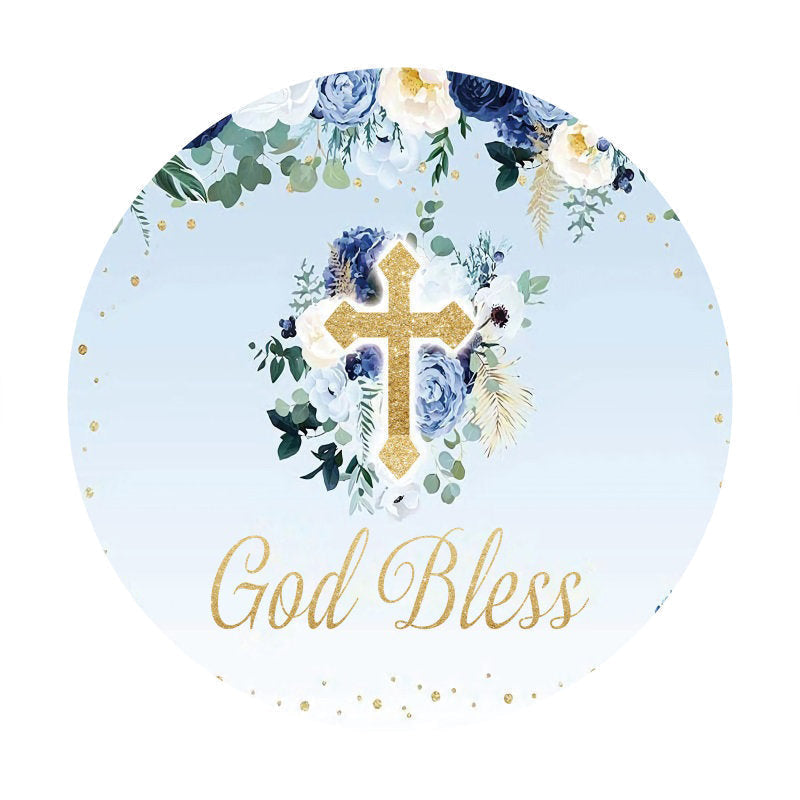 Aperturee - God Bless Floral Round Blue Baby Shower Backdrop