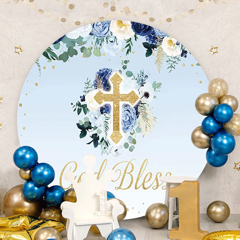 Aperturee - God Bless Floral Round Blue Baby Shower Backdrop