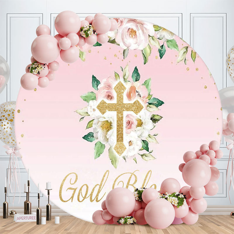 Aperturee - God Bless Floral Round Pink Baby Shower Backdrop