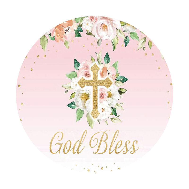 Aperturee - God Bless Floral Round Pink Baby Shower Backdrop