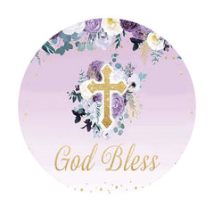 Aperturee - God Bless Floral Round Purple Baby Shower Backdrop