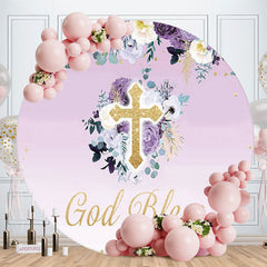 Aperturee - God Bless Floral Round Purple Baby Shower Backdrop