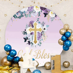 Aperturee - God Bless Floral Round Purple Baby Shower Backdrop