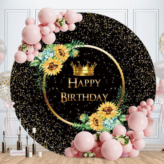 Aperturee - Gold And Black Glitter Round Happy Birthday Backdrop