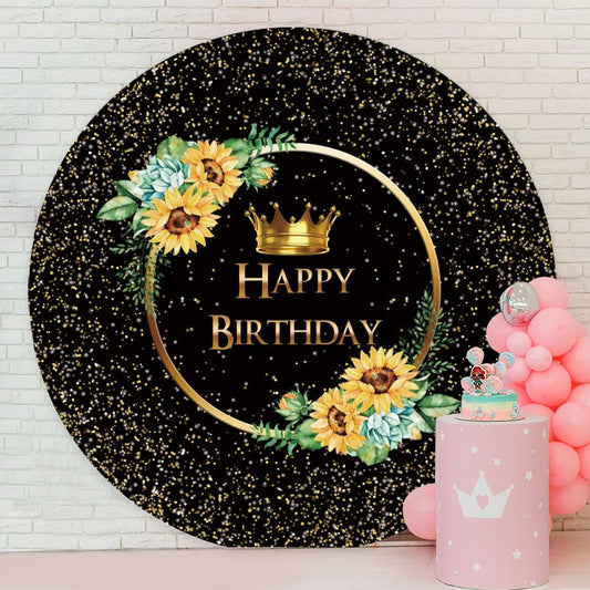 Aperturee - Gold And Black Glitter Round Happy Birthday Backdrop