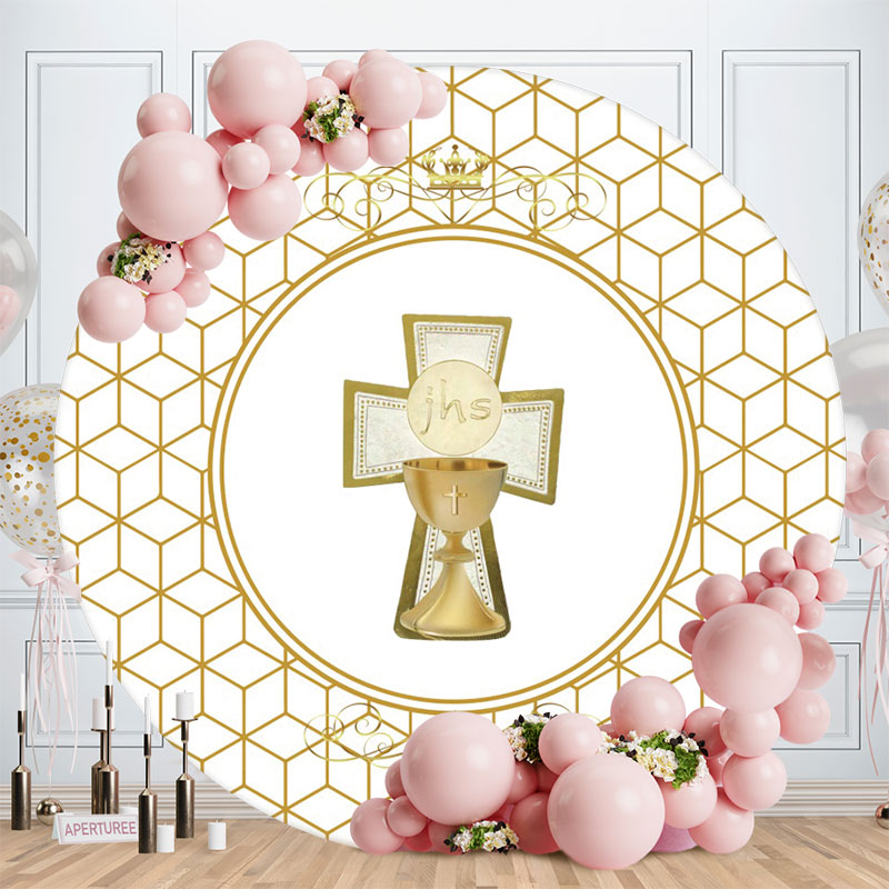 Aperturee - Gold And White Crown Round Baby Shower Backdrop