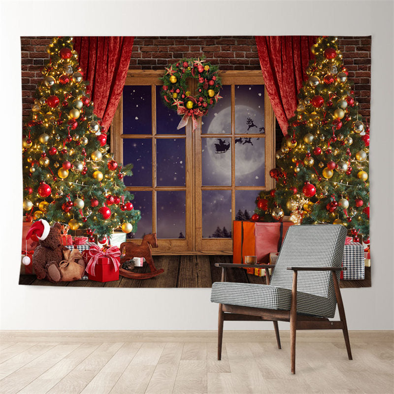 Aperturee - Gold Ball Tree Wood Window Eve Christmas Backdrop