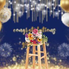 Aperturee - Gold Balloons Bokeh Royal Blue Grad Photo Booth Backdorp