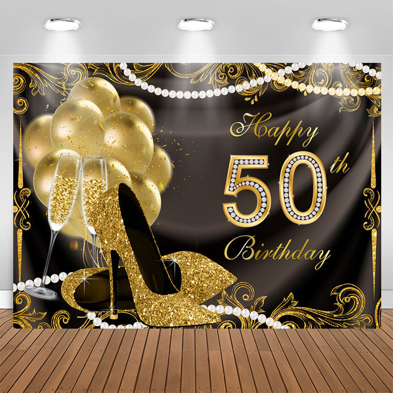 Aperturee - Gold Balloons Glitter 50th Happy Birthday Backdrop
