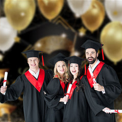 Aperturee - Gold Black Balloons Mortarboard Grad Photos Backdrop