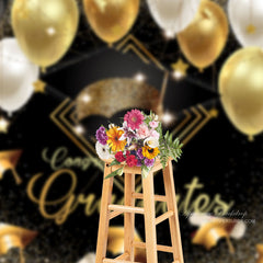 Aperturee - Gold Black Balloons Mortarboard Grad Photos Backdrop